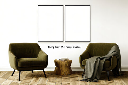 Two empty white poster frames above two olive green armchairs and a wooden side table in a living room mockup