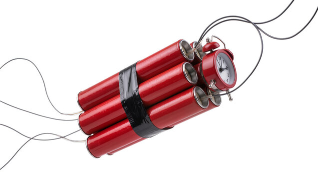 Red dynamite sticks with alarm clock timer, isolated on transparent background