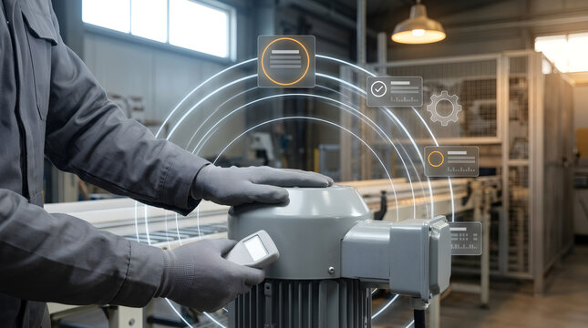 Industrial worker using smart technology to control automated manufacturing equipment.
