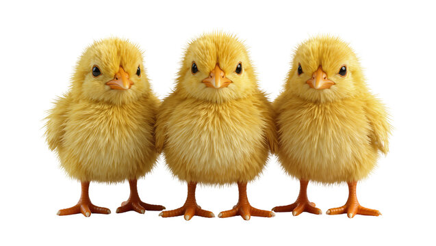 Three fluffy yellow baby chicks standing together, isolated on transparent background