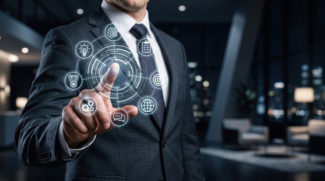 Businessman in a dark suit touching a glowing circular digital interface with business in a blurred office interior at night