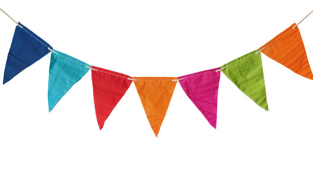 Colorful fabric bunting flags strung on a white cord, isolated on transparent background