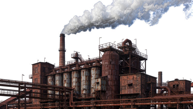 Rusted industrial factory with smoke billowing from chimney, isolated on transparent background