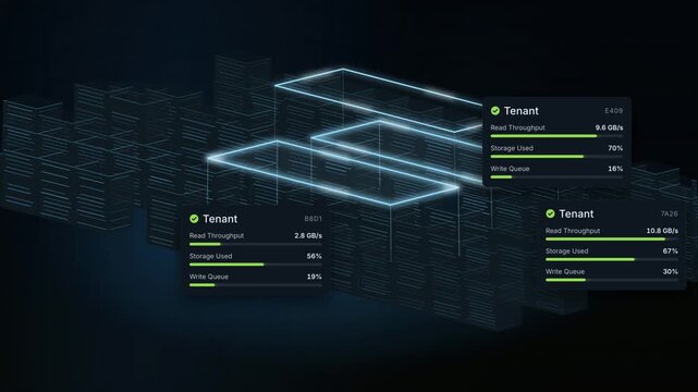 Server Room Storage Visualization, Data Throughput Metrics, Network Storage Dashboard, Digital Rack Monitoring, Tech Infrastructure Animation, Cloud Data Management, Abstract Technology Background