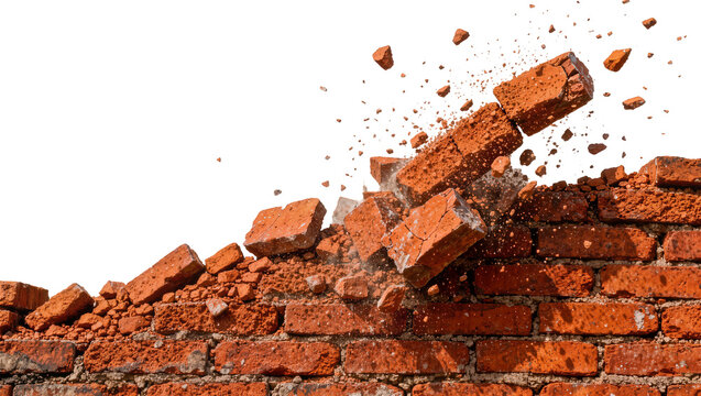 Crashing red brick wall with debris flying, isolated on transparent background