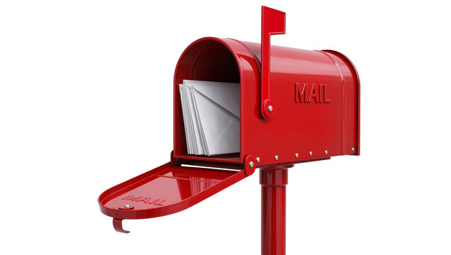 Red metal mailbox with letters inside, isolated on transparent background