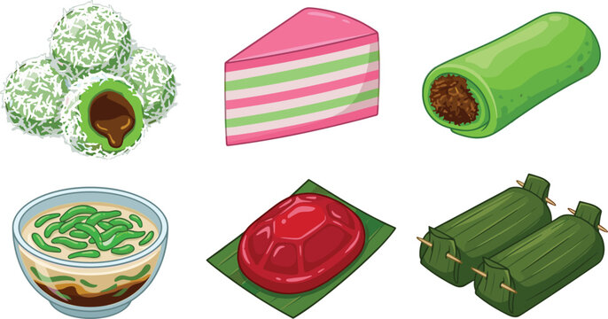 Traditional Indonesian and Malaysian kuih dessert vector illustration set featuring klepon lapis dadar gulung cendol,