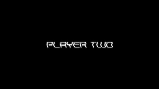 vintage arcade game screen player two glitch text title animation 80s 90s retro 8 bit pixel in background. player two glitch gaming effect