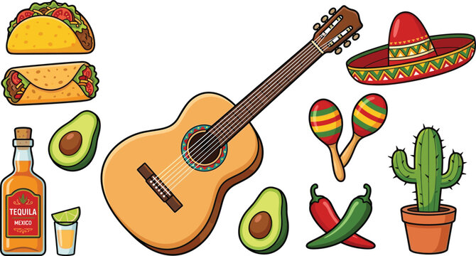 Mexican fiesta cartoon vector sticker set with guitar sombrero taco burrito tequila maracas and cactus,