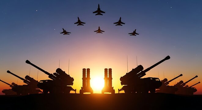 Military tanks and missile launchers with fighter jets flying in formation at sunset