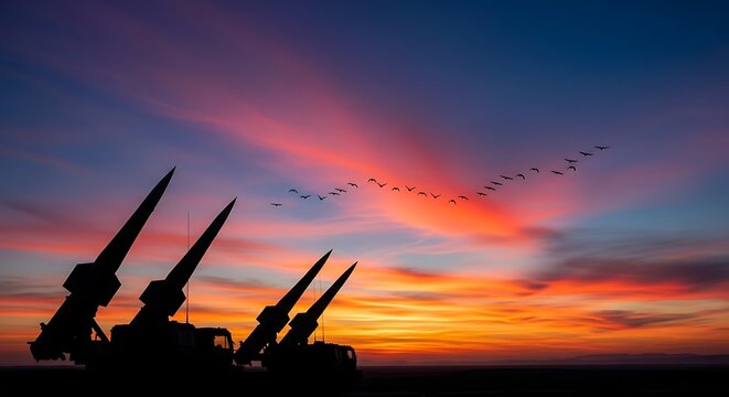 Missile launchers silhouette against a dramatic colorful sunset with flock of birds