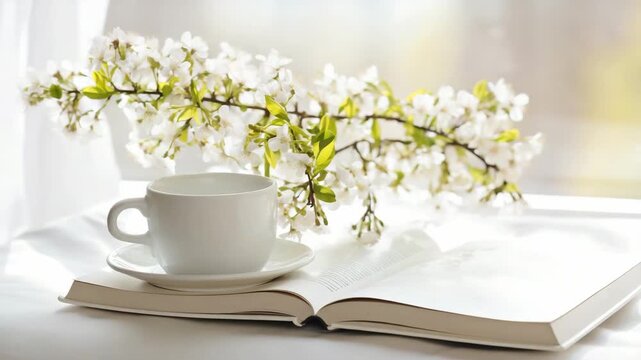 Spring interior with cup of coffee, tea on pile of books on windowsill with blossoming cherry tree branches. Blurred background. Home decor. Spring themed or Womens day greeting video with copy space.