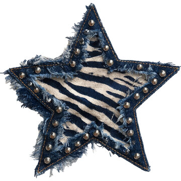 Denim star featuring a contrasting zebra print, adorned with metallic studs and raw, frayed edges, providing a bold aesthetic for various creative uses