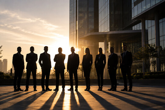 Group of professional employees standing together in a modern office, creating a dramatic silhouette that represents teamwork, leadership, corporate unity, and business success.