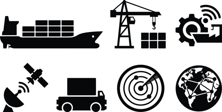 Smart Maritime Logistics and Global Shipping Icons Set Featuring Container Ship Harbor Crane Radar Tracking and Satellite