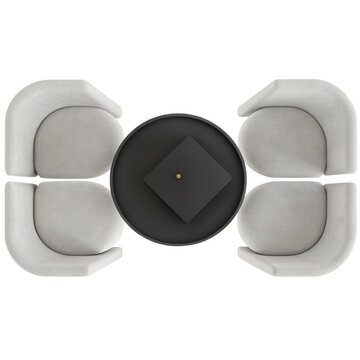 View of four light grey curved lounge chairs arranged around a dark grey circular coffee table with a square inset
