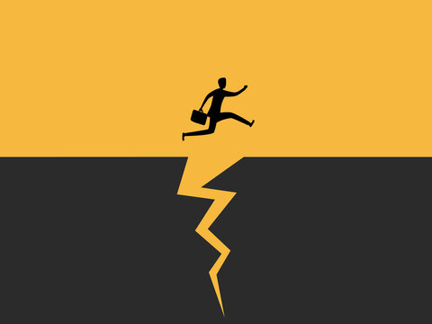 Businessman leaders jump over the cracks in the crisis