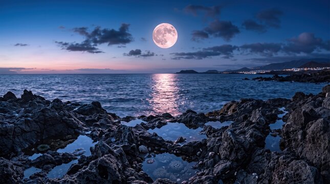 Full moon glowing over dark volcanic rocks and calm ocean water at twilight with a soft pink horizon and distant coastal city lights