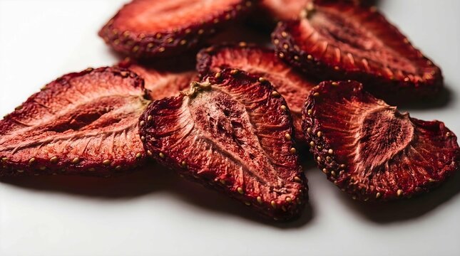 Dehydrated strawberry slices arranged on a plain white surface for snack
