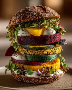 Colorful Plant Based Burger with Layered Vegetables and Microgreens