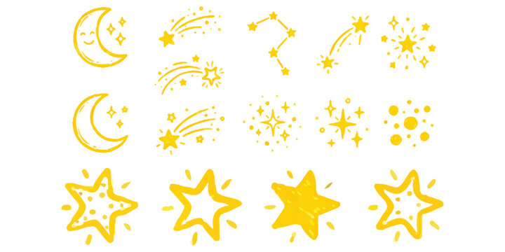 Set of cute yellow hand drawn moon star and shooting star doodle icons