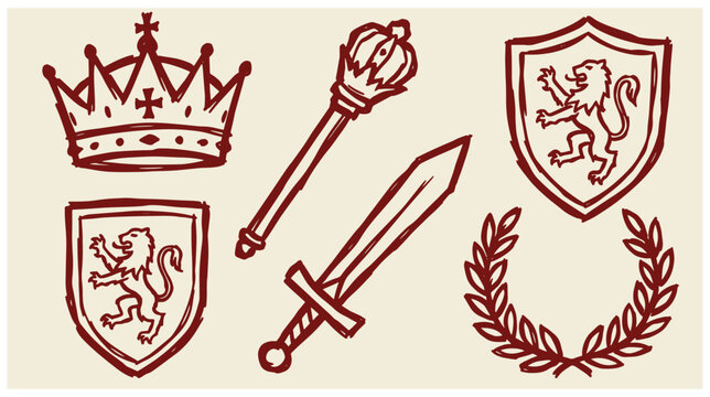 Hand drawn sketch style royal symbols featuring crown scepter sword shields and laurel wreath red ink royal symbol heraldry collection illustration engraving historic monarchy