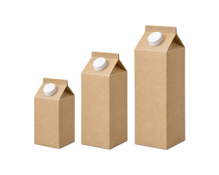 Three kraft paper gable-top cartons in small, medium, and large sizes with white screw caps, arranged upright and isolated on a clean white background. Minimal unbranded paperboard packaging suitable 