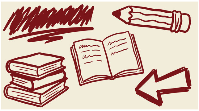 Educational sketch collection including a stack of books open book pencil in hand drawn style educational sketches pencil drawing doodle art study symbols writing tools