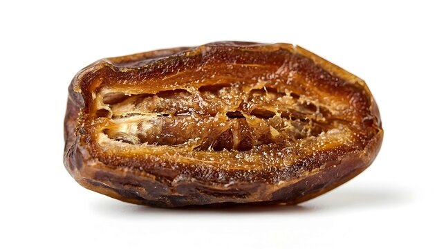 Dried date fruit cut in half showing sticky texture on white background