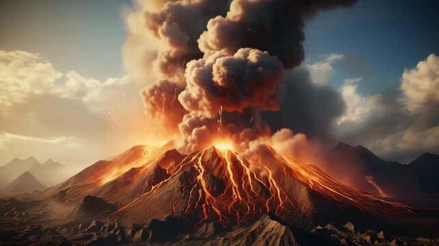 Powerful daytime volcano eruption. Side view of the crater opening with flowing lava. Clouds and steam in the sky. Big explosion.