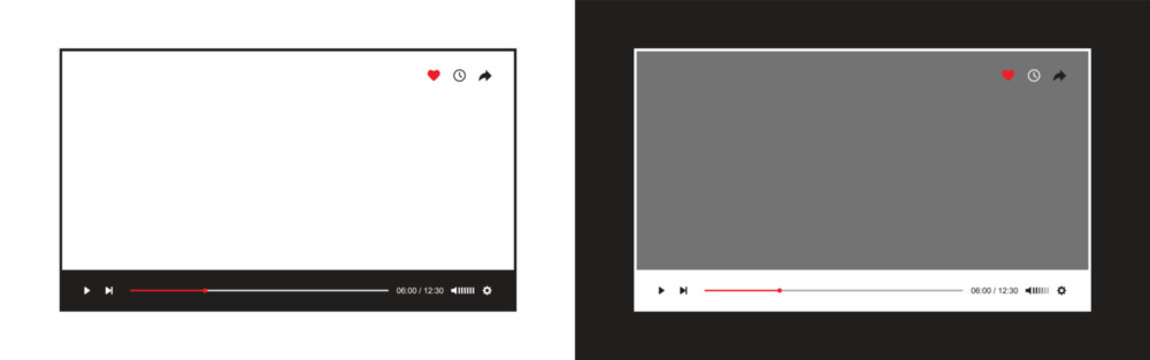 Video player interface mockup set showing media player layout in light and dark mode with playback controls timeline and action buttons