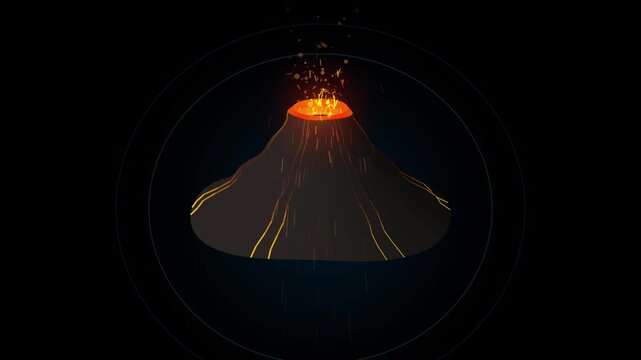 A 3d rendered erupting volcano with glowing lava flowing down the sides against a dark background 4k Motion Video