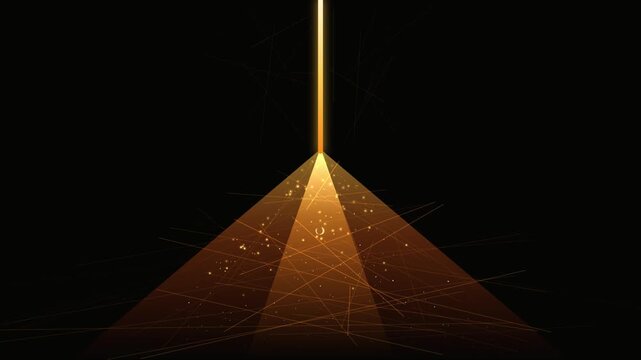 Bright golden light beam shining down in a dark room creating a pyramid shape with floating dust particles in the air for a mysterious and cinematic visual effect 4k Motion Video