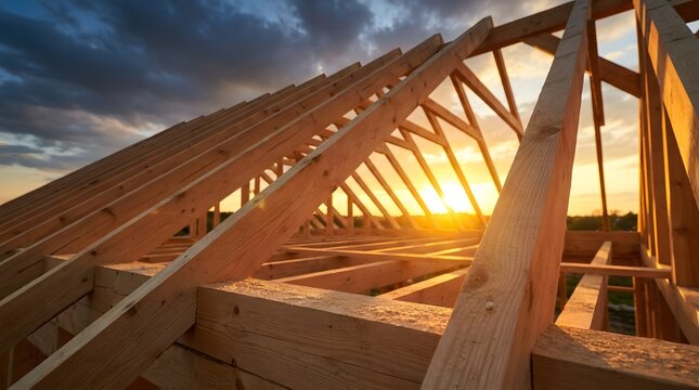 Wooden roof trusses under construction at sunset for residential building project