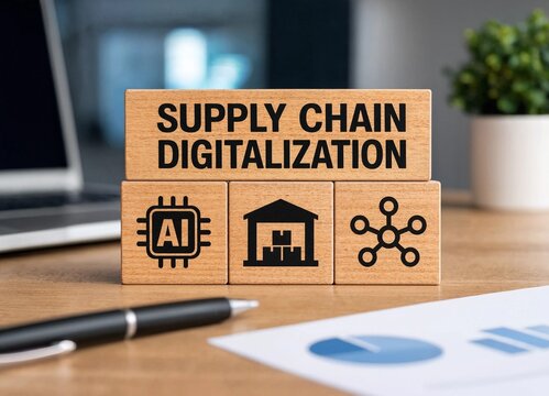 Modern wooden blocks illustrating supply chain digitalization with icons for artificial intelligence warehouse and network connectivity on desk