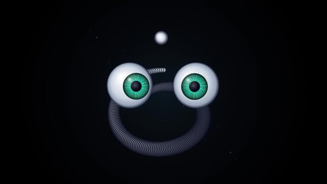 Funny cartoon character with two large green eyes and a flexible body floating in deep dark space with a small glowing moon in the background 4k Motion Video