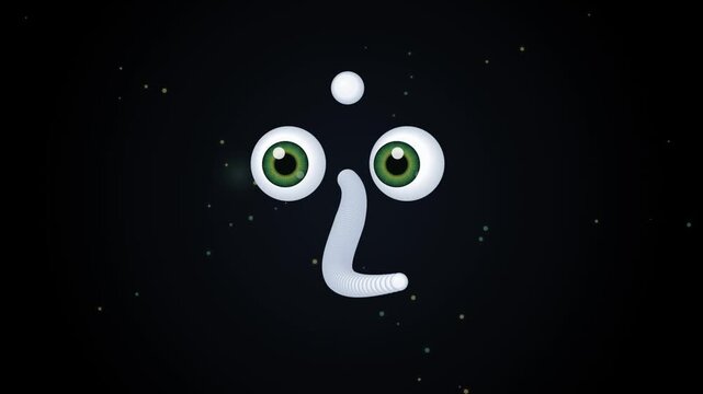 Abstract creature face with big green eyes and a long white trunk floating in dark space with small glowing particles 4k Motion Video