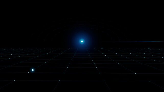 Abstract digital grid with glowing blue light points and perspective lines on a dark background representing technology and virtual space connectivity 4k Motion Video