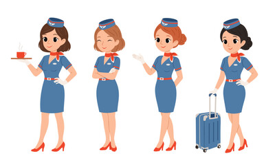 Fototapeta premium Set of female flight attendants in blue uniforms with red scarves, serving coffee, greeting passengers and standing with luggage, flat vector illustration isolated on white.