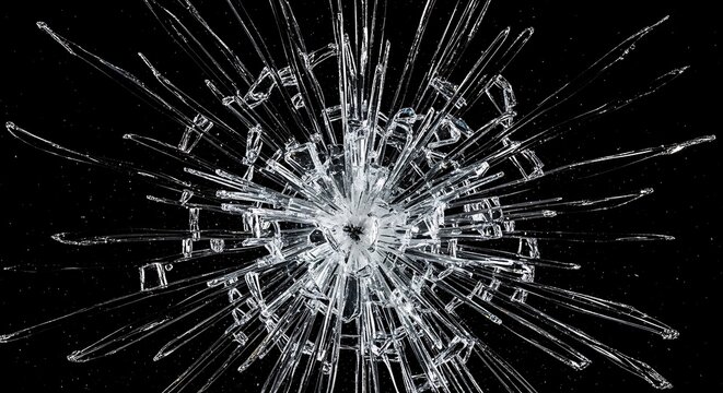 Exploded glass fragments and intense radial cracks from a powerful central impact