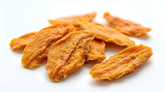 Dried mango slices arranged in a heap on white background