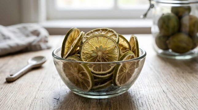 Dried lime slices in a glass bowl on a rustic wooden table
