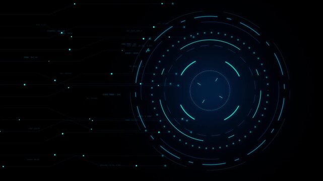 Digital technology interface with glowing blue circles and data particles in a dark futuristic space for communication and high tech computing concepts and security systems 4k Motion Video