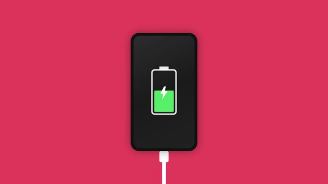 Mobile phone charging animation showing battery level increasing from red to green on pink background