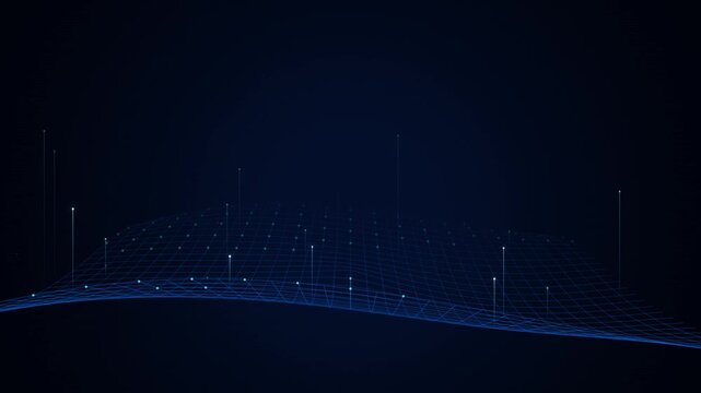 Abstract digital landscape with glowing blue data grid and particle light lines on a dark background representing technology and communication network connection 4k Motion Video