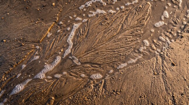 Water flowing over wet brown sandy beach creating intricate branching fern like erosion patterns with white sea foam bubbles at low tide