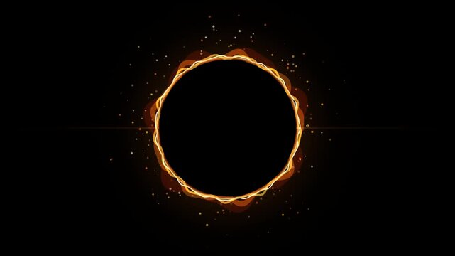 Glowing orange light circle frame with abstract wavy energy lines and floating particles on a dark black background for digital technology and science presentation design 4k Motion Video