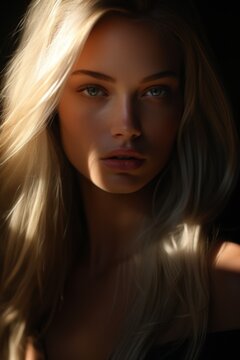 Portrait of a young woman with long blonde hair and striking blue eyes softly illuminated by natural light