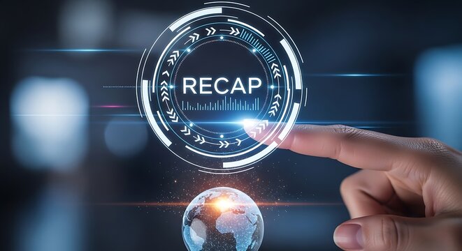 Human hand pressing a futuristic recap button on a digital interface with a glowing world globe