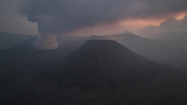 Aerial view of the eruption of Mount Bromo near Cemorolawang village, Java, Indonesia.